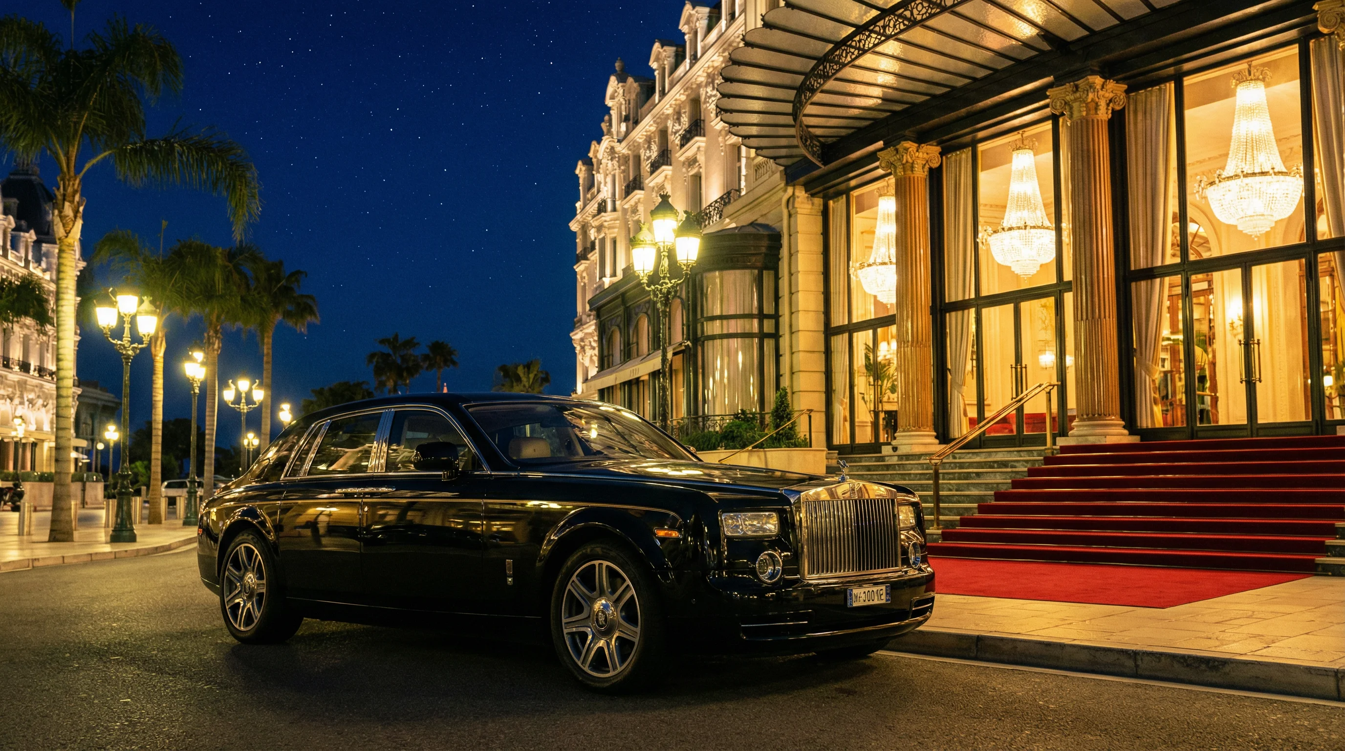 豪华名车在水晶宫殿前，彰显 澳门百家乐 的尊贵格调